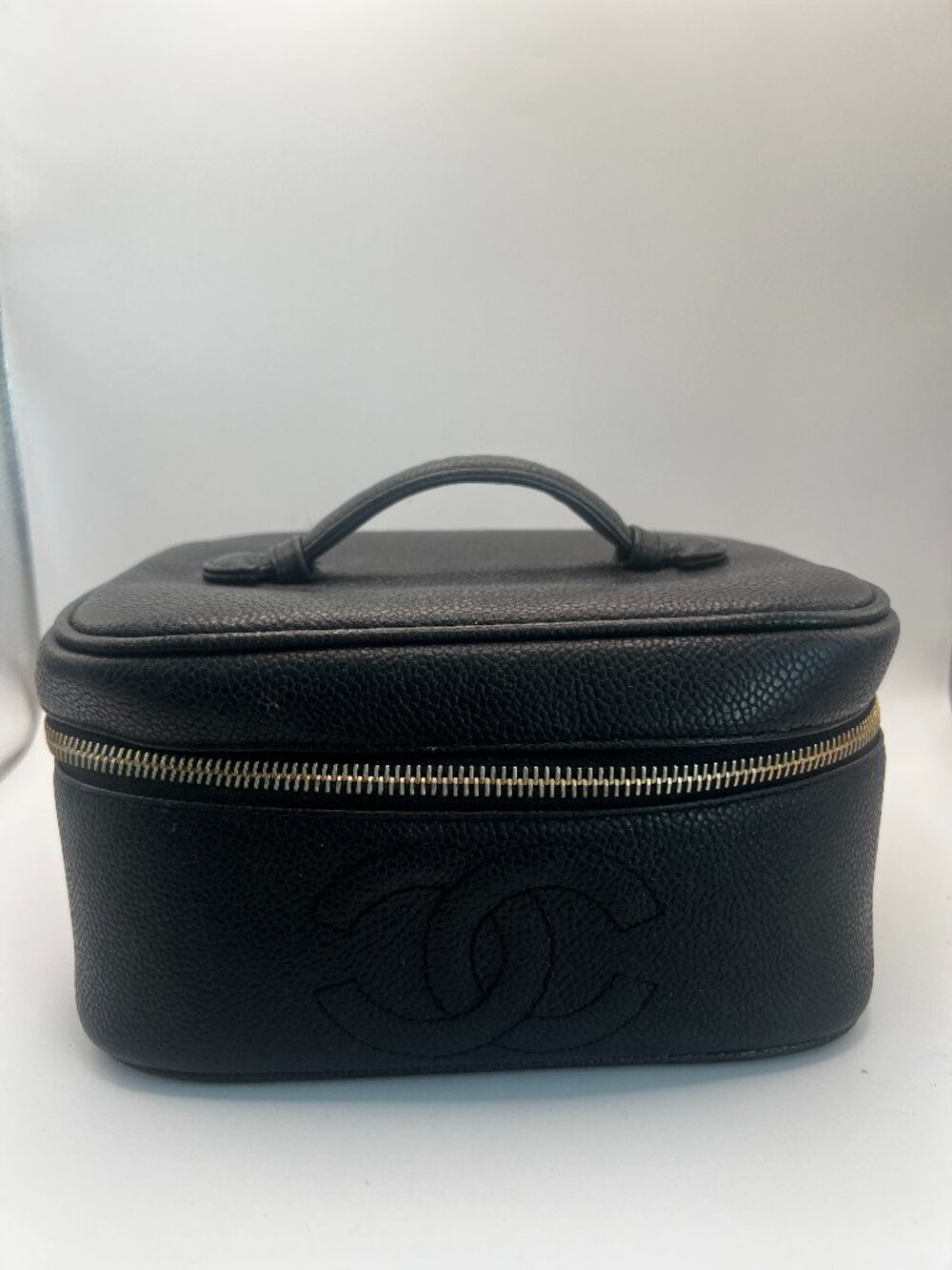 Authentic CHANEL Vintage Timeless Black Caviar Leather Vanity Cosmetic Case